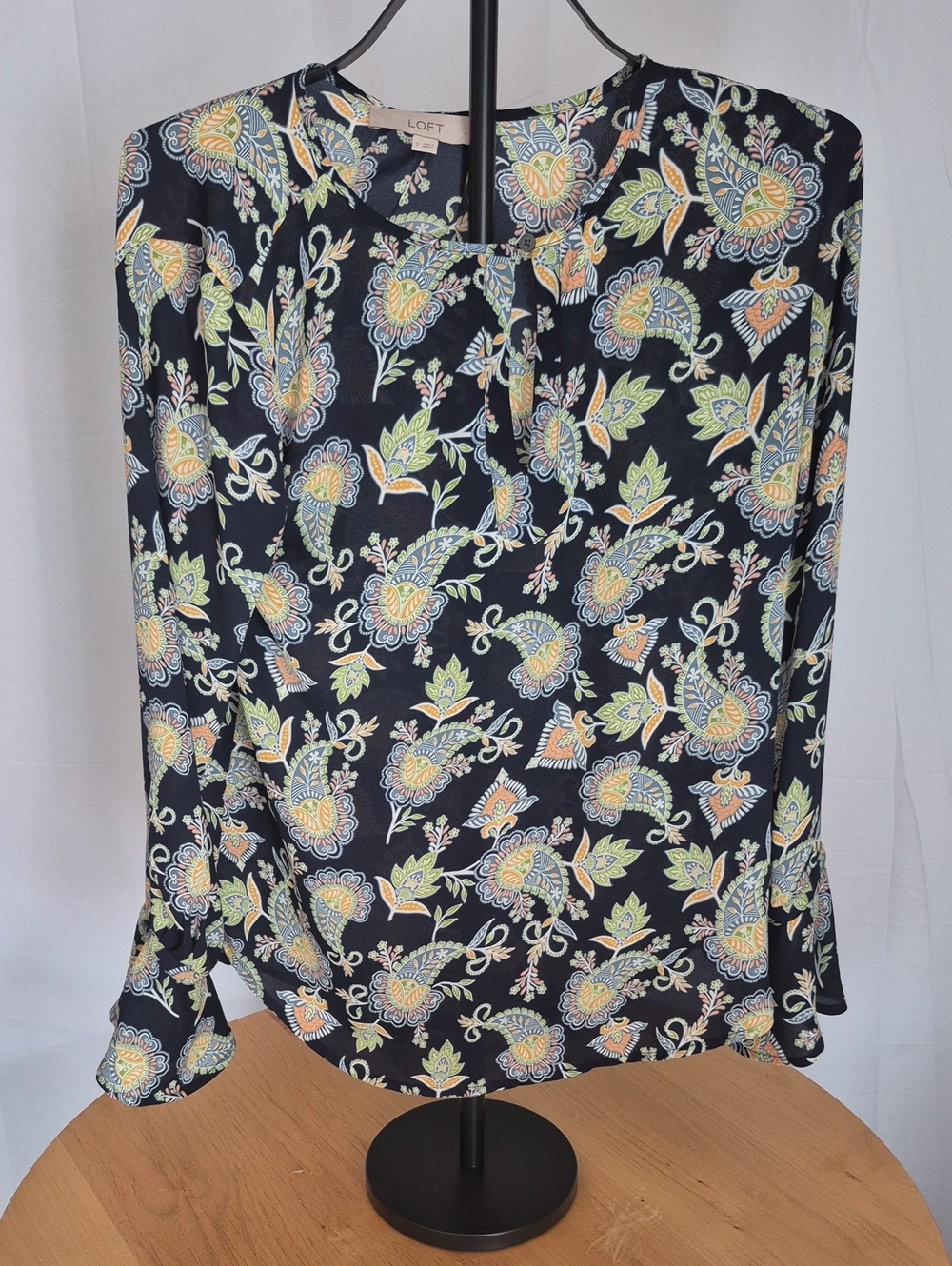 LOFT Black Floral Paisley Tie-Neck Top